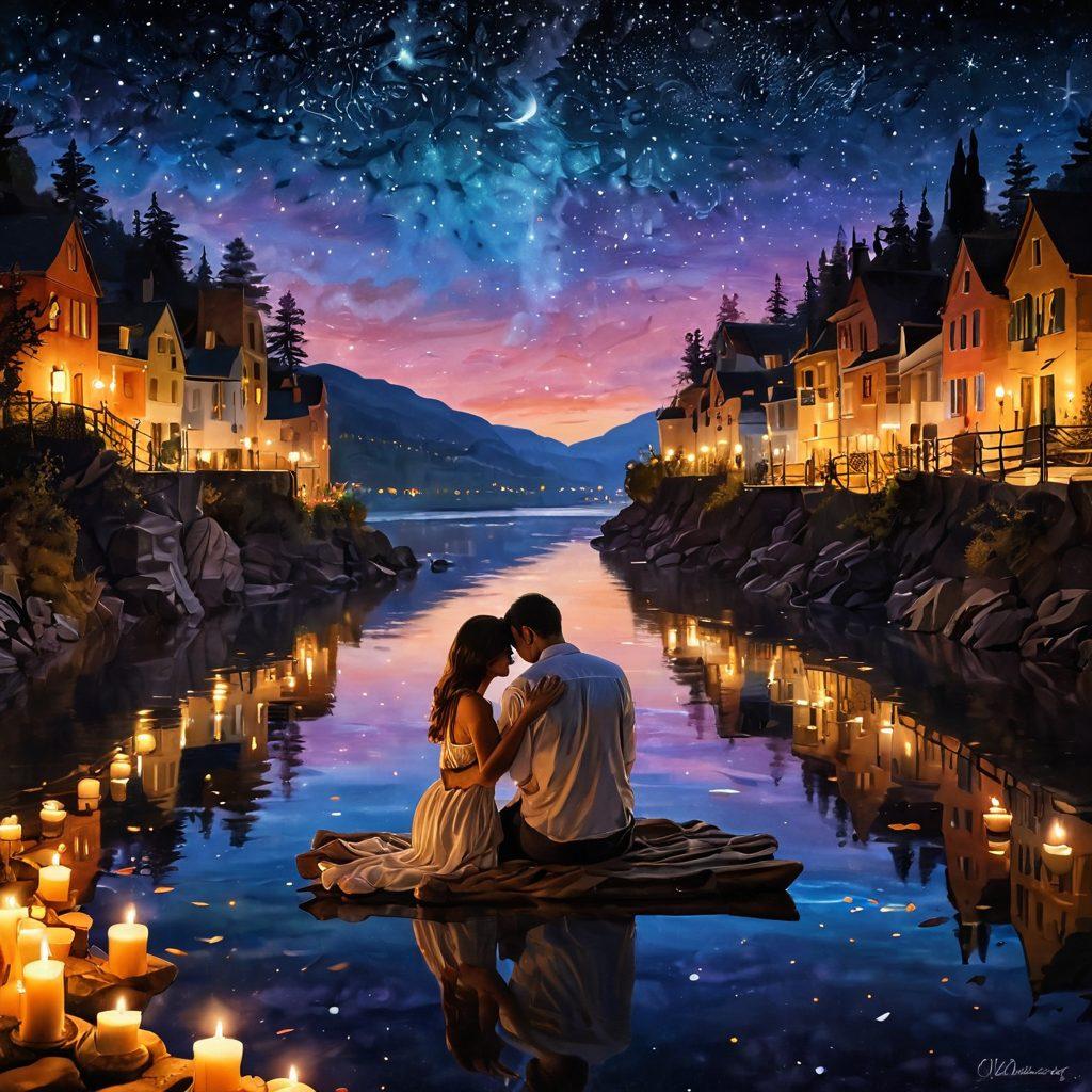 A couple passionately embracing under a starry night sky, surrounded by flickering candles casting warm, golden light. Their expressions radiate deep love and connection, symbolizing intimacy and passion. The background features a gentle, flowing river that reflects the stars above, enhancing the romantic atmosphere. The scene is imbued with rich, vibrant colors to evoke strong emotions. painting. vibrant colors. dreamy ambiance.