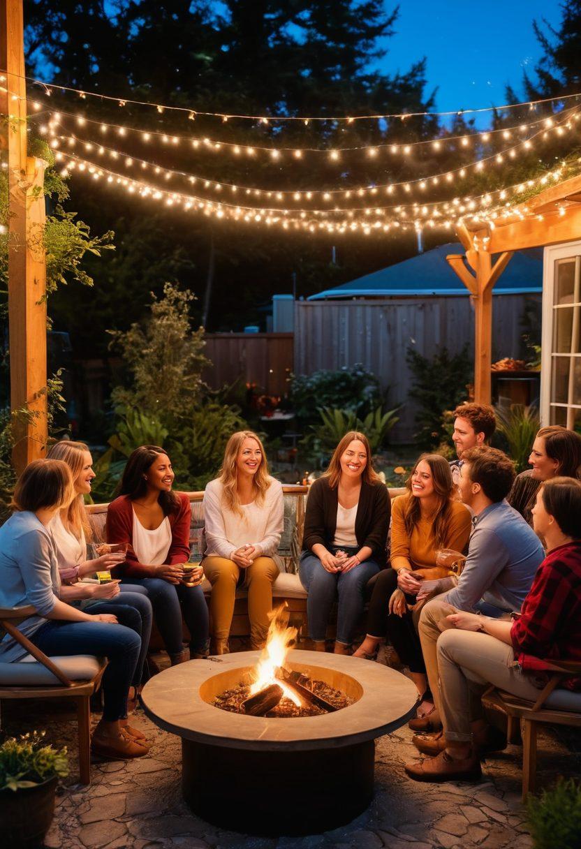 A cozy setting with diverse groups of people joyfully interacting at a lively backyard social gathering, filled with twinkling fairy lights, warm fire pits, and laughter. Include elements like delicious food, colorful drinks, and soft seating arrangements that encourage closeness. Capture the warmth of human connection with genuine expressions and body language. super-realistic. vibrant colors. warm ambiance.