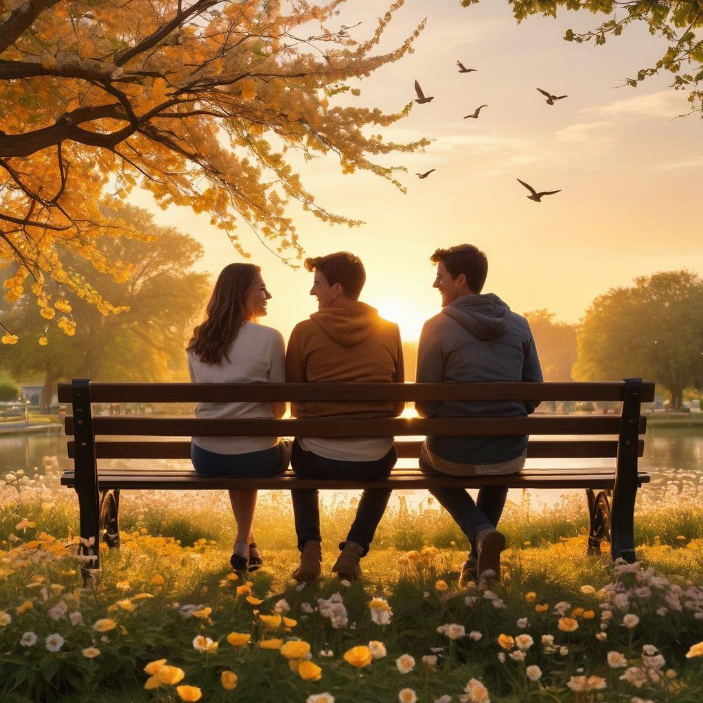 A beautiful sunset scene depicting two friends sitting on a park bench, laughing and sharing a moment of closeness, with soft golden light illuminating their faces. Surround them with blooming flowers symbolizing growth in their relationship. In the background, silhouettes of birds flying together represent the journey from friendship to romance. super-realistic. warm colors. serene atmosphere.